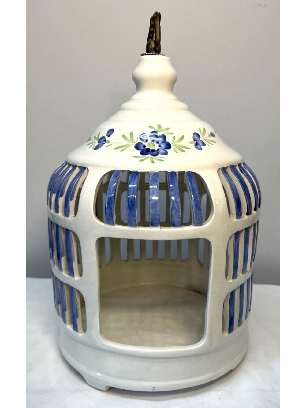 Vintage Ceramic Decorative Birdcage Vase With Blue Floral Pattern Italy Old Vene